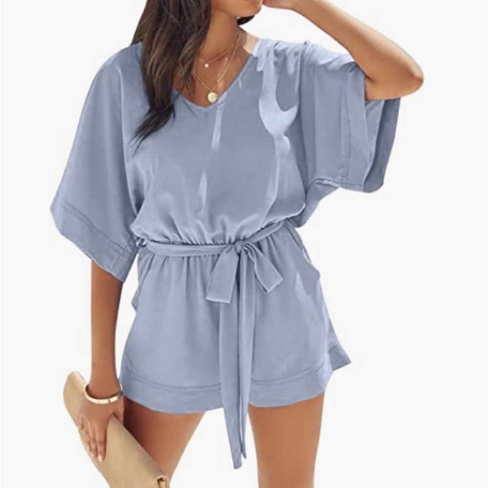 NWOT Casual V Neck Romper Short Sleeve Jumpsuit High Waist Belted w/ Pockets